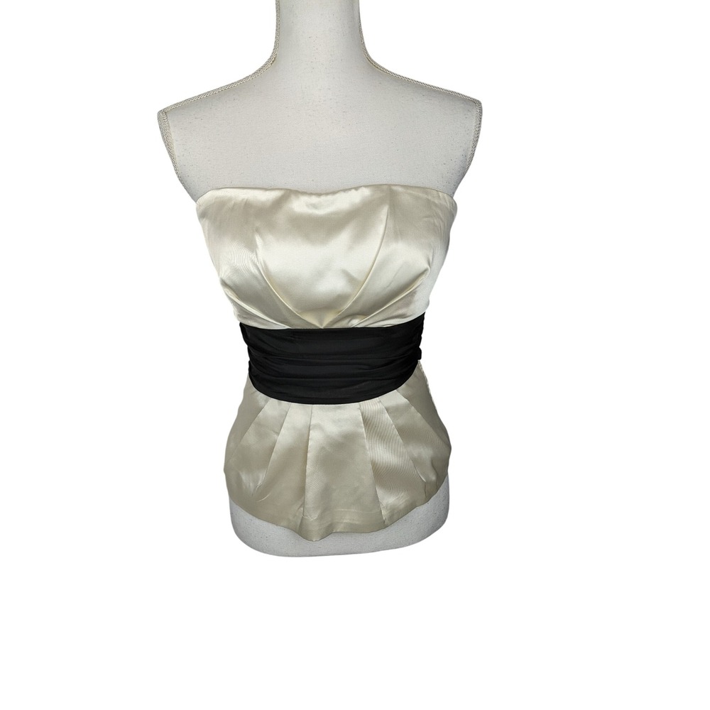 Charlotte Russe Ivory Satin Strapless Corset Top Black Sash Size M 2T7131